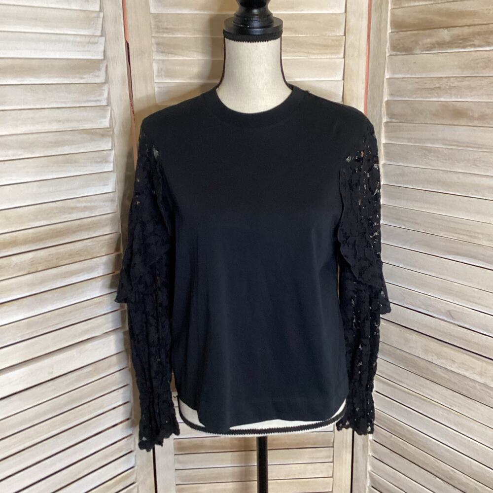 See by Chloe Cropped T Shirt Long Lace Ruffle Sleeve Black Cotton S - Picture 3 of 12